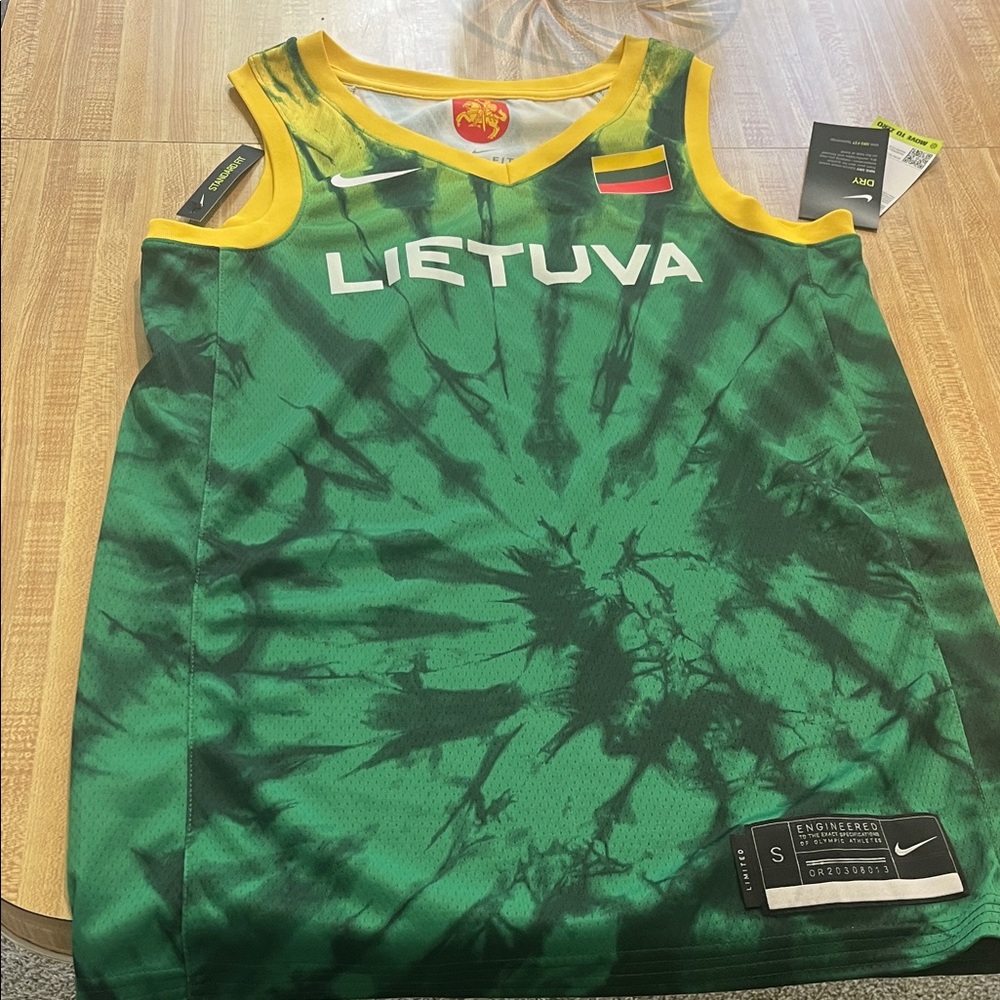 Nike Lithuania Green Tie-Dye Basketball Jersey with Yellow Trim